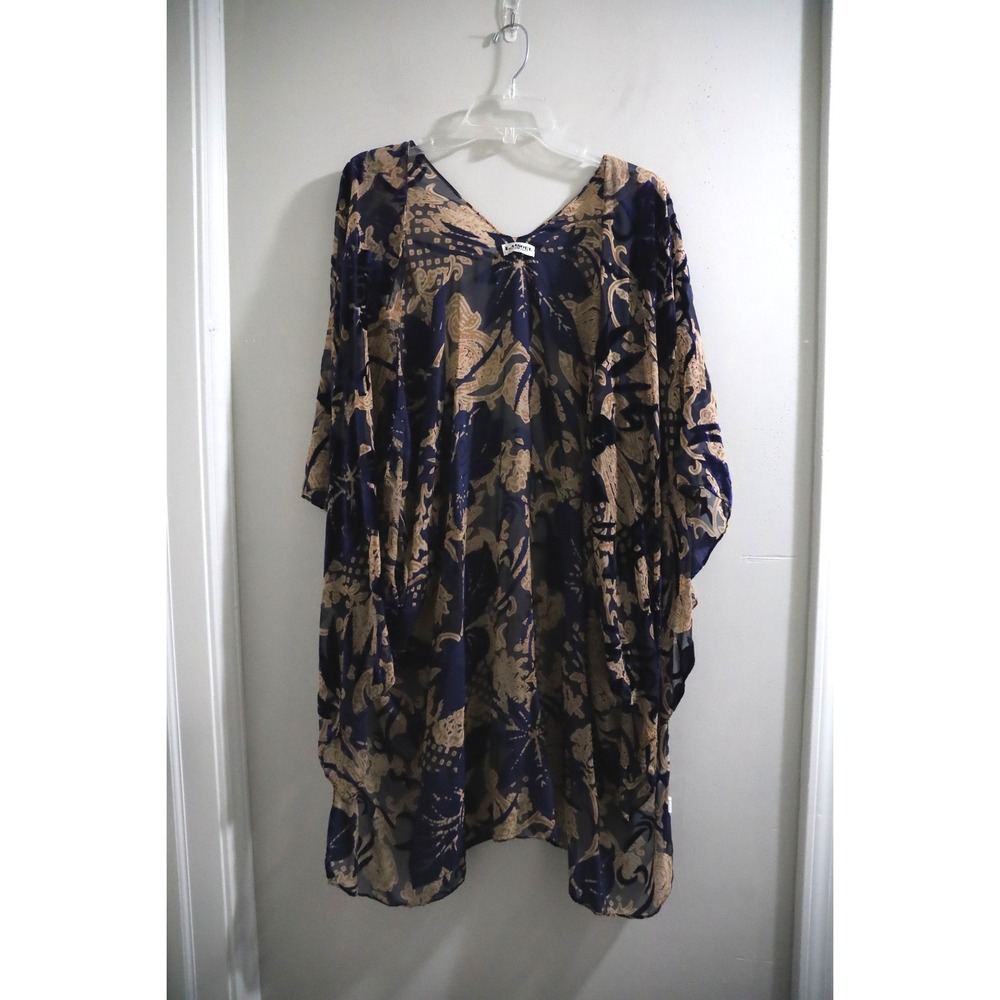 Laasoul Navy & Gold Floral Kimono Open Front Sheer Cover Up Bohemian Resort Wear